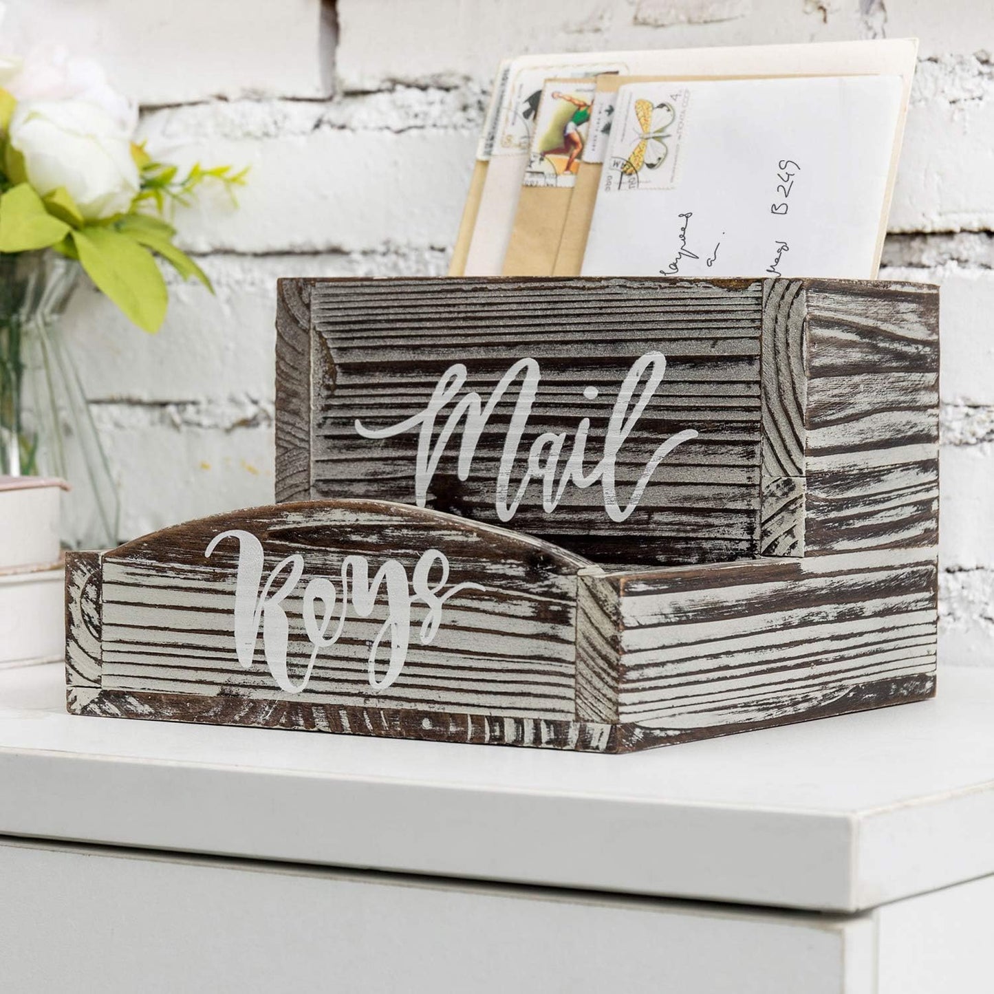 MyGift Rustic Torched Wood Mail Holder and Key Organizer Entryway Storage Tray with Cursive Mail and Keys Word Design, Office, Dorm, Classroom Desktop Organizing Bin