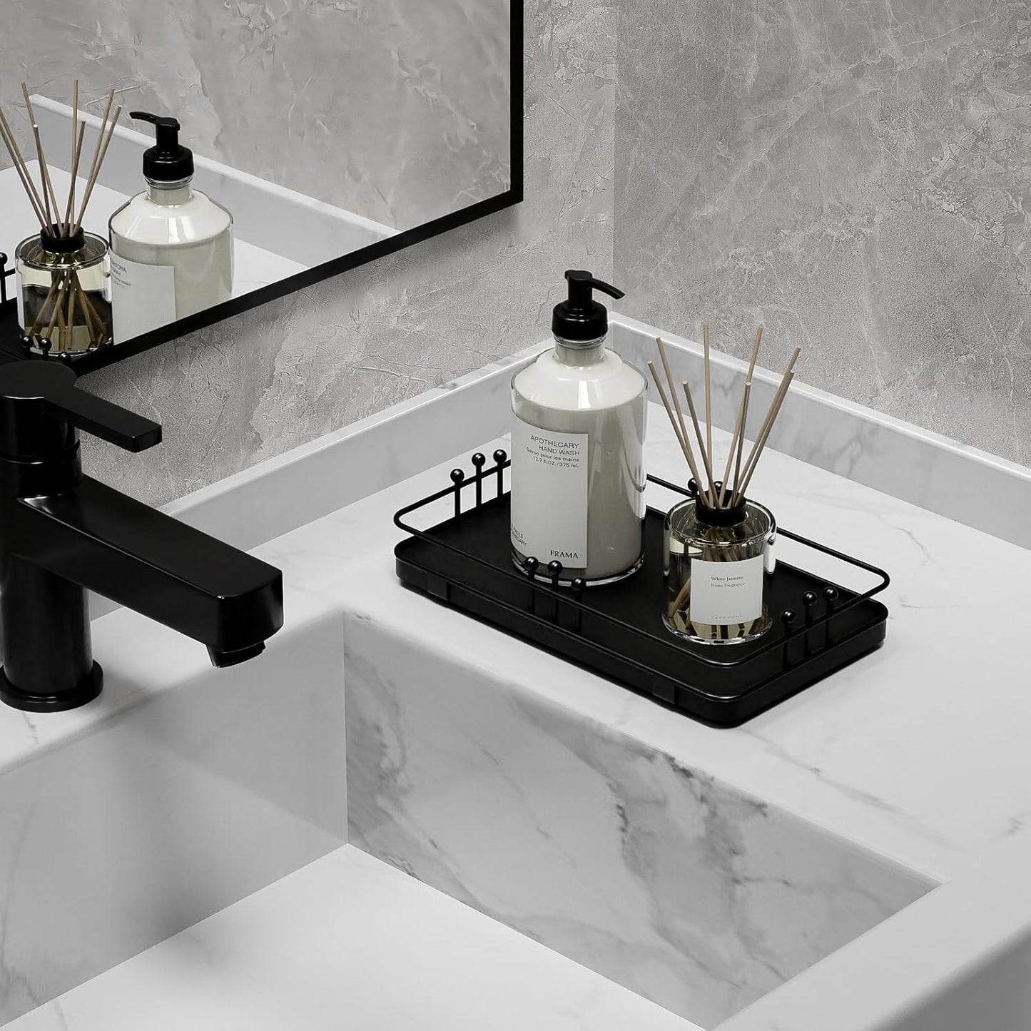 Bathroom Vanity Tray for Toiletries Makeup Perfume Candle Toilet Tank, Kitchen Tray for Soap Dispenser Spice Salt, Small Black Tray for Countertop Decor Coffee Nightstand 7.9”x4.4”