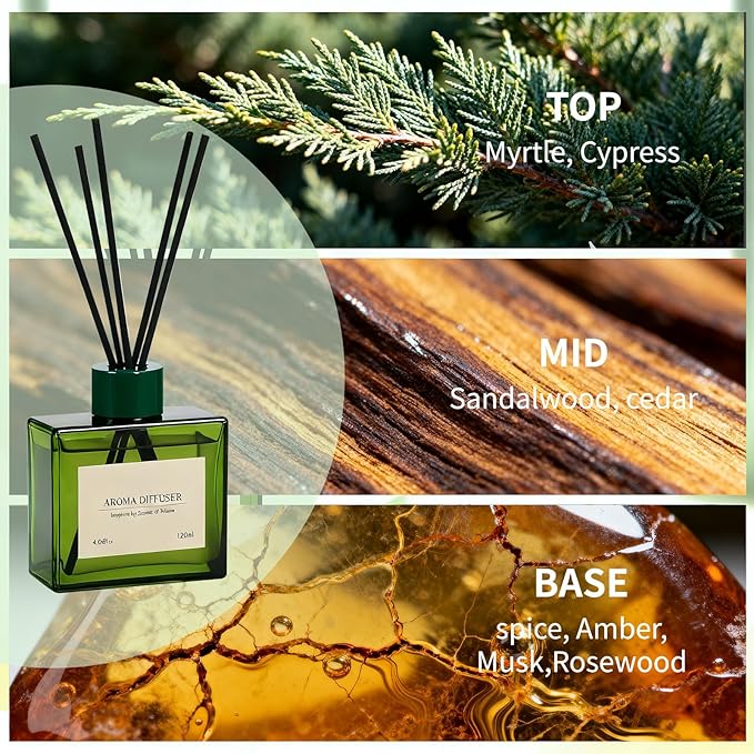 Reed Diffuser, 4 oz Earthy Sandalwood Scent Diffuser with 7 Sticks, Long Lasting Reed diffusers for Home, Elegant Fragrance for Bathroom Bedroom Office Decor, Air Fresh