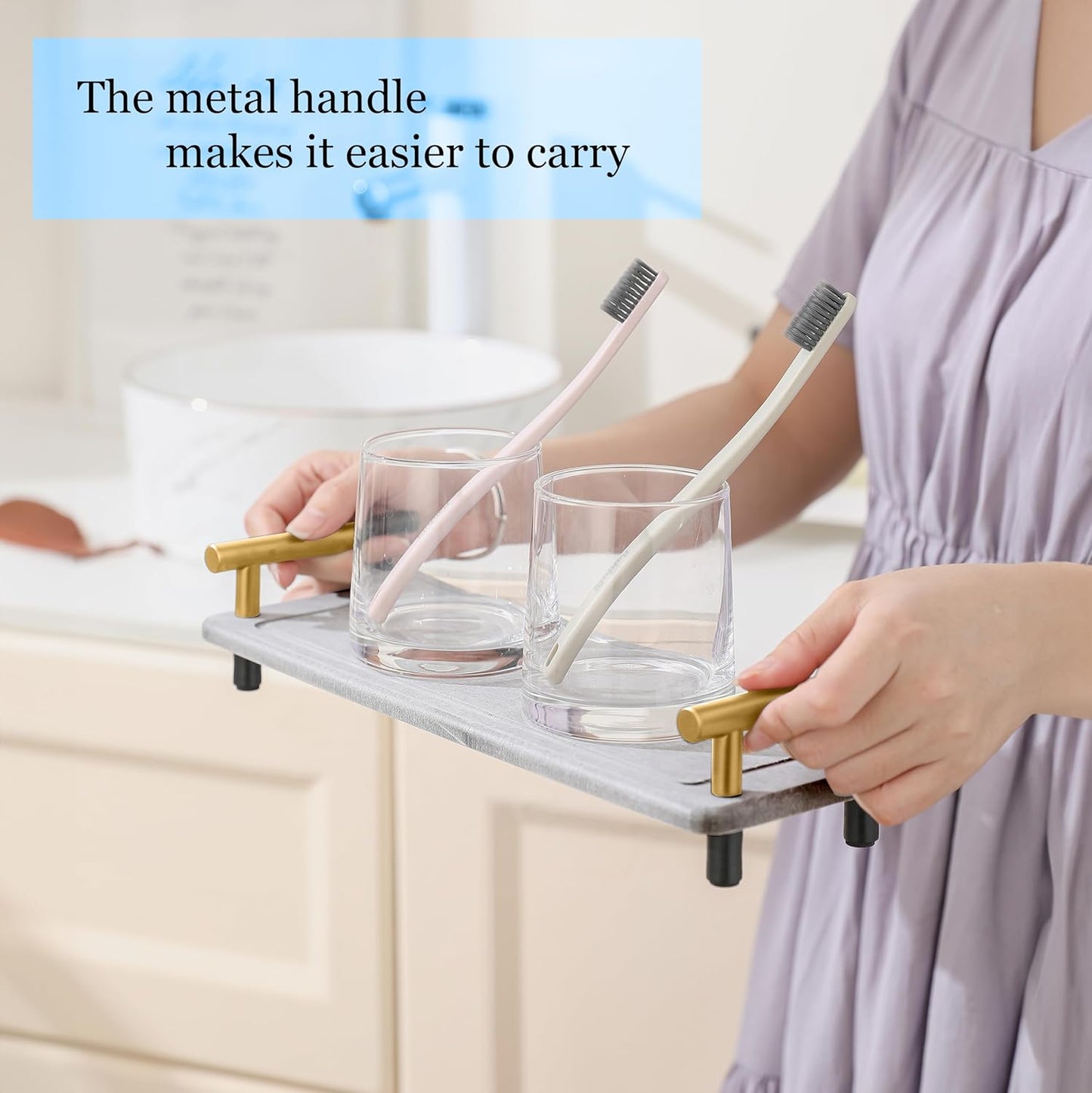 2PCS Water Absorbing Stone Drying Tray for Kitchen Counter, Quick Dry Kitchen Sink Organizer, Stone Drying Tray with Handle, Diatomaceous Sink Caddy (Dark Grey & Gold Handle, Small)