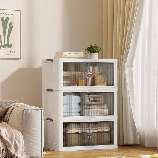 SAILUN 83Gal/335Qt Stackable Storage Bins Folding Collapsible Storage Bins with Lid, Closet Organizers and Storage, Storage Box with Door Grey 26" W x 17" D x 43.7" H