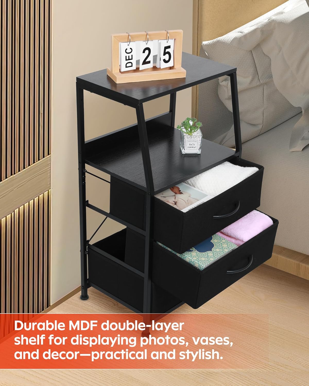 Dresser for Bedroom, Fabric Nightstand Tall Dresser & Chests of Drawers with 3 Drawers, Vertical Organizer Storage Tower Unit for Bedroom, Hallway, Entryway Black