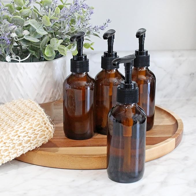 Cornucopia Brands 4oz Amber Glass Pump Bottles (Pack of 4) Great for Lotions, Liquid Soap, Aromatherapy and More