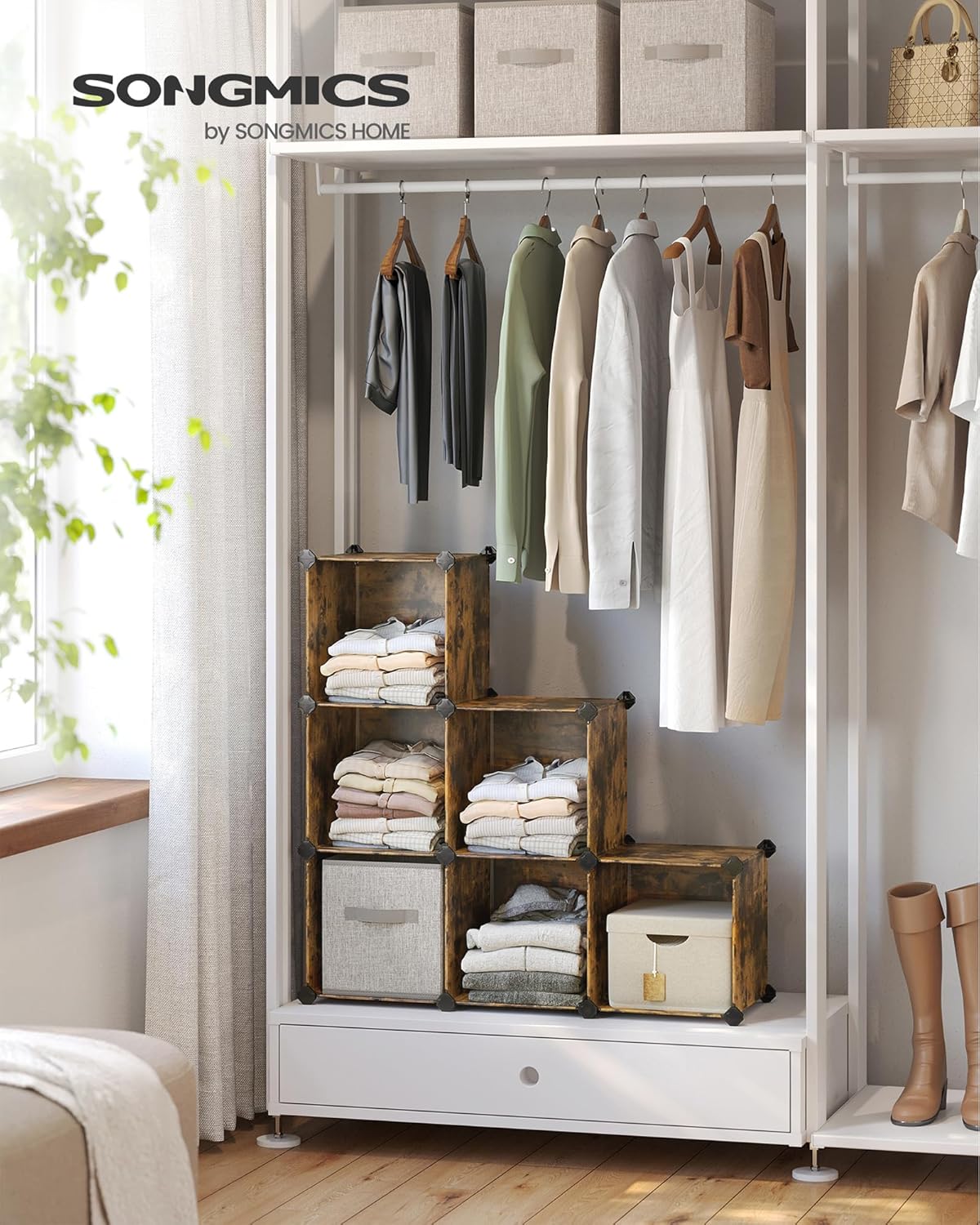 SONGMICS 6 Cube Storage Organizer, Modular Bookshelf, DIY Closet Organizers and Storage, Plastic Stackable Shelves, 11.8 x 11.8 x 11.8 Inch Cubes, with Feet and Rubber Mallet, Rustic Brown ULPC111A01