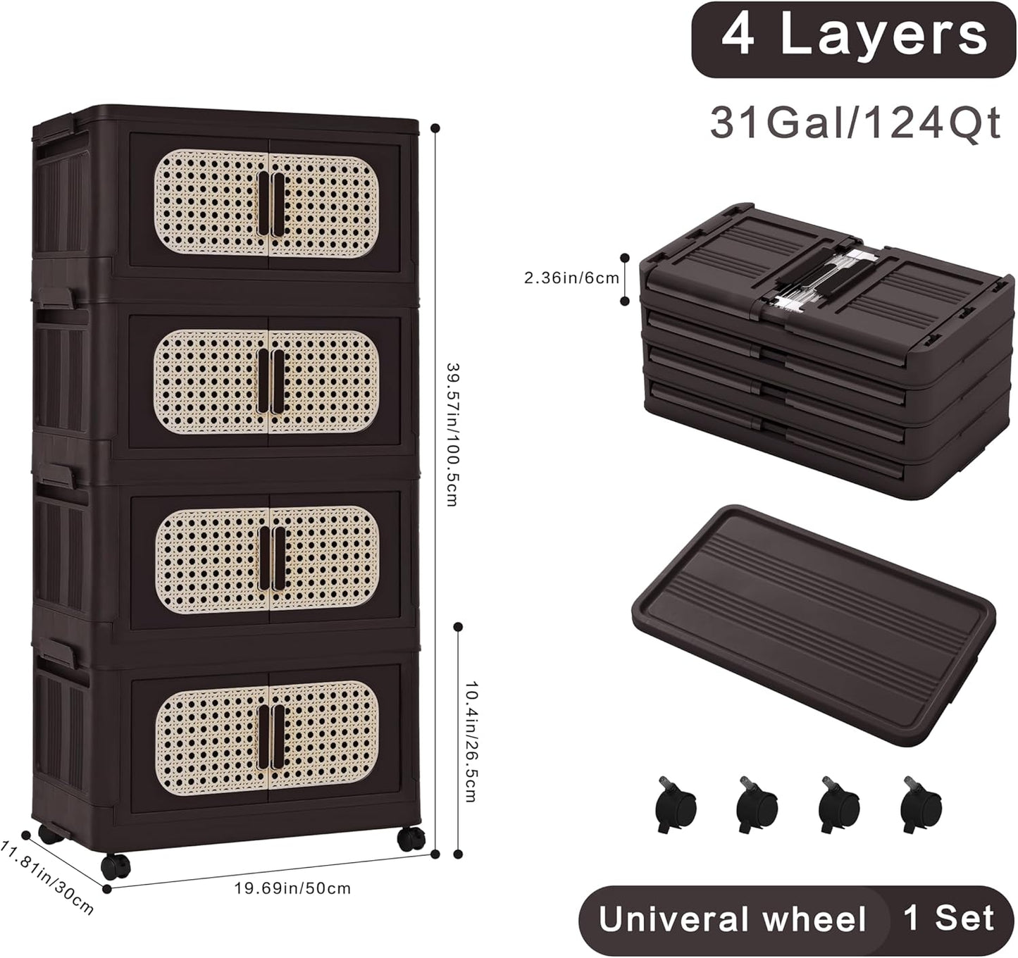 Holaki 156 QT Storage Bins with Lid, 4 Tiers Collapsible Plastic Storage Bins Storage Cabinet Box with Wheels and Magnetic Door for Home Closet Organizers(Retro Brown)