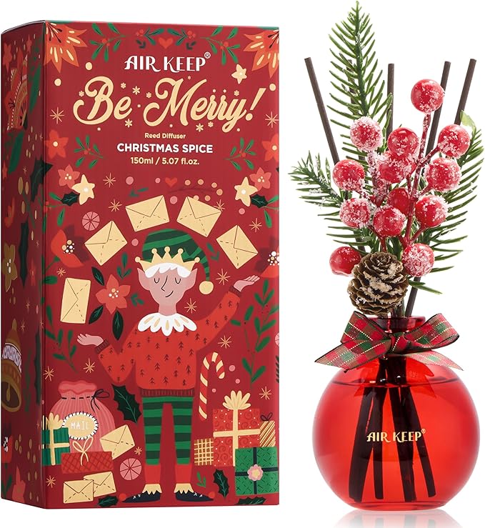 Airkeep Christmas Reed Diffusers Set, 5.07 oz Christmas Spice Scented Diffuser with 8 Sticks,Long Lasting Home Fragrance for Long Days, Perfect for Bathroom, Shelf Decor, Air Fresheners