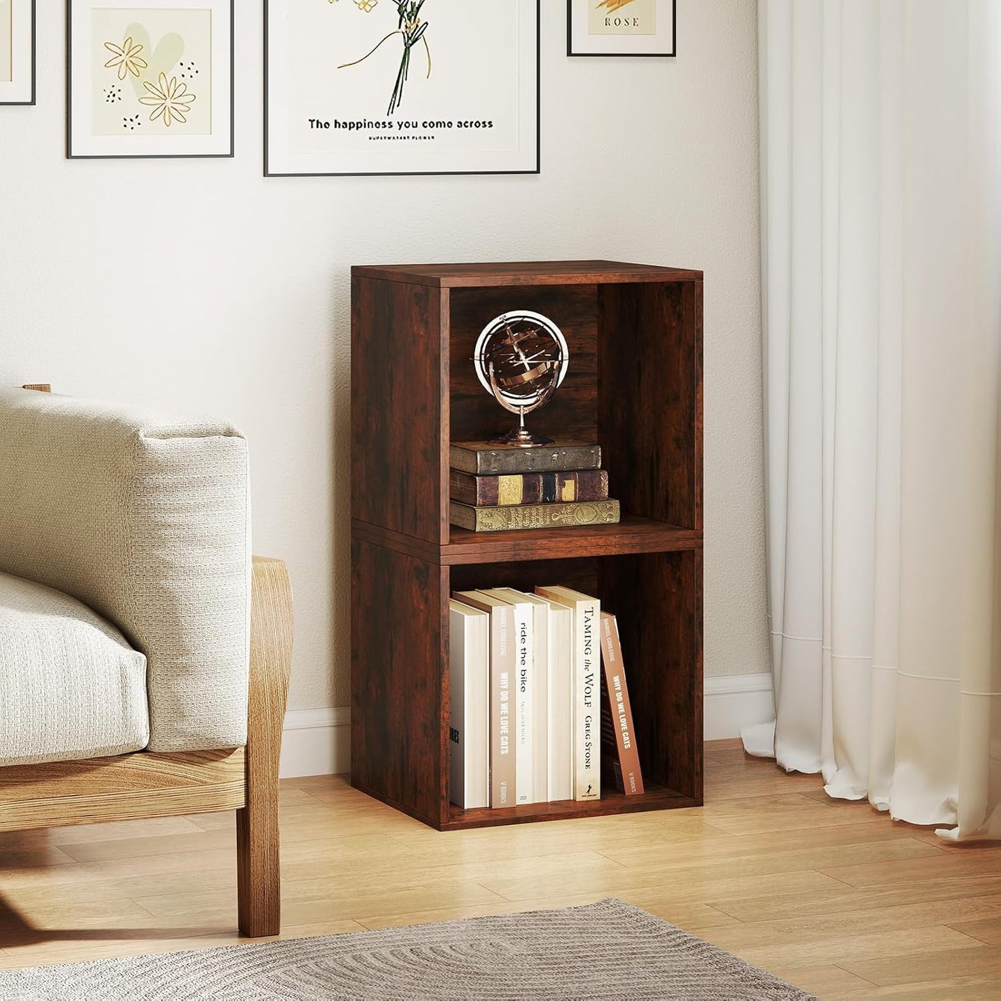Stackable Cube Bookshelf, Modular Cubby Storage Organizer, Small Bookcase for Small Spaces, Combination Cubical Shelf, Wooden Display Shelving Unit (Rustic Brown, 2-Cube)