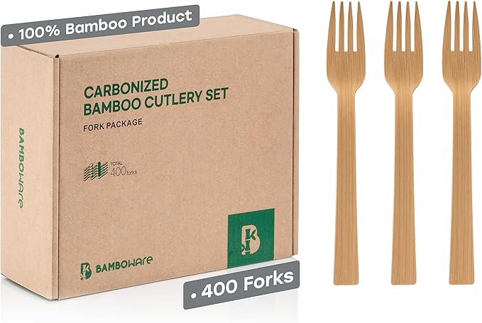 100% Bamboo Utensils - 400 Carbonized Forks Disposable Cutlery Biodegradable and Sanitized - Heavy Duty & Fully Functional