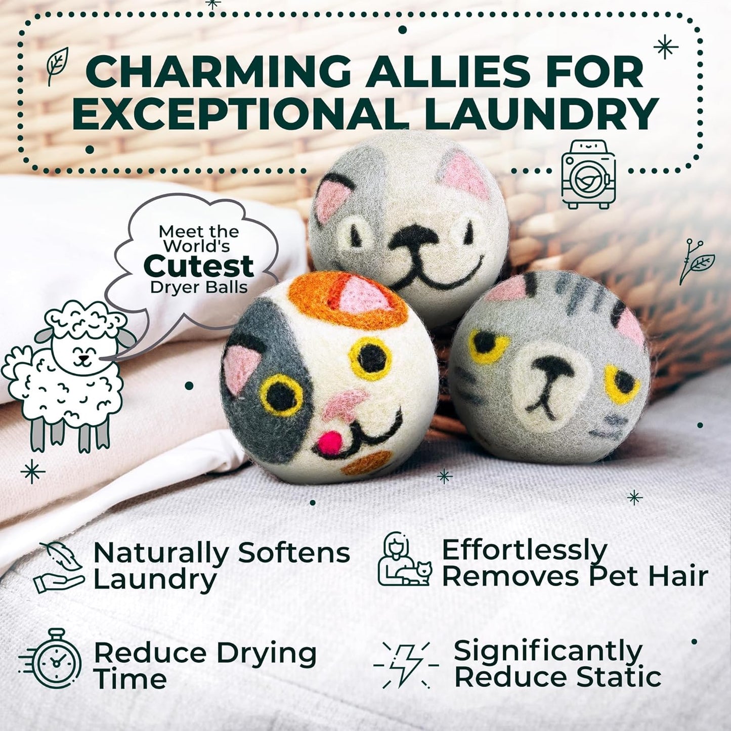 No More Dryer Sheets! Reusable Wool Dryer Balls XL 6-Pack - Reduces Static, Cuts Dry Time, & Softens Naturally