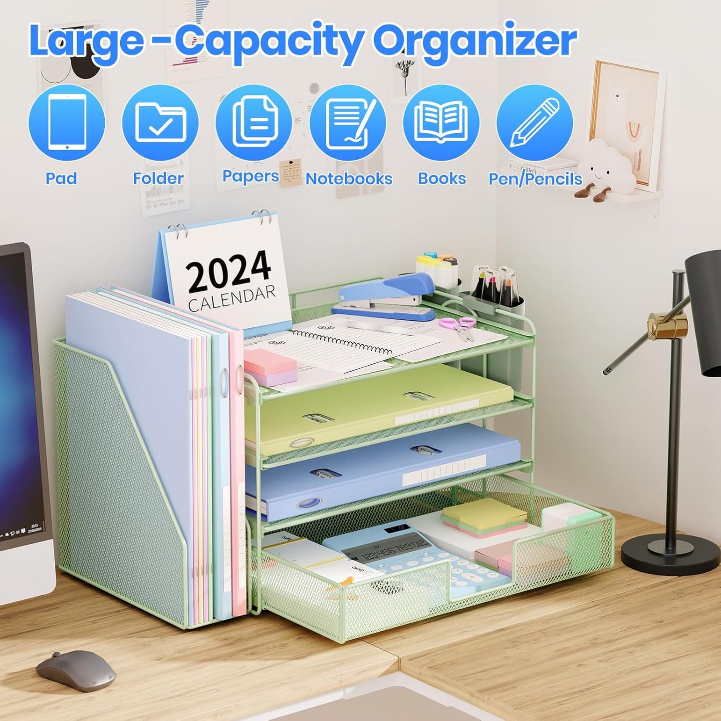 Desk Organizer and Accessories, 4-Tier Desktop File Organizer with Drawer and 2 Pen Holders, Office Desk Accessories, File Sorters, Workspace Organizers for Office Supplies(Green)