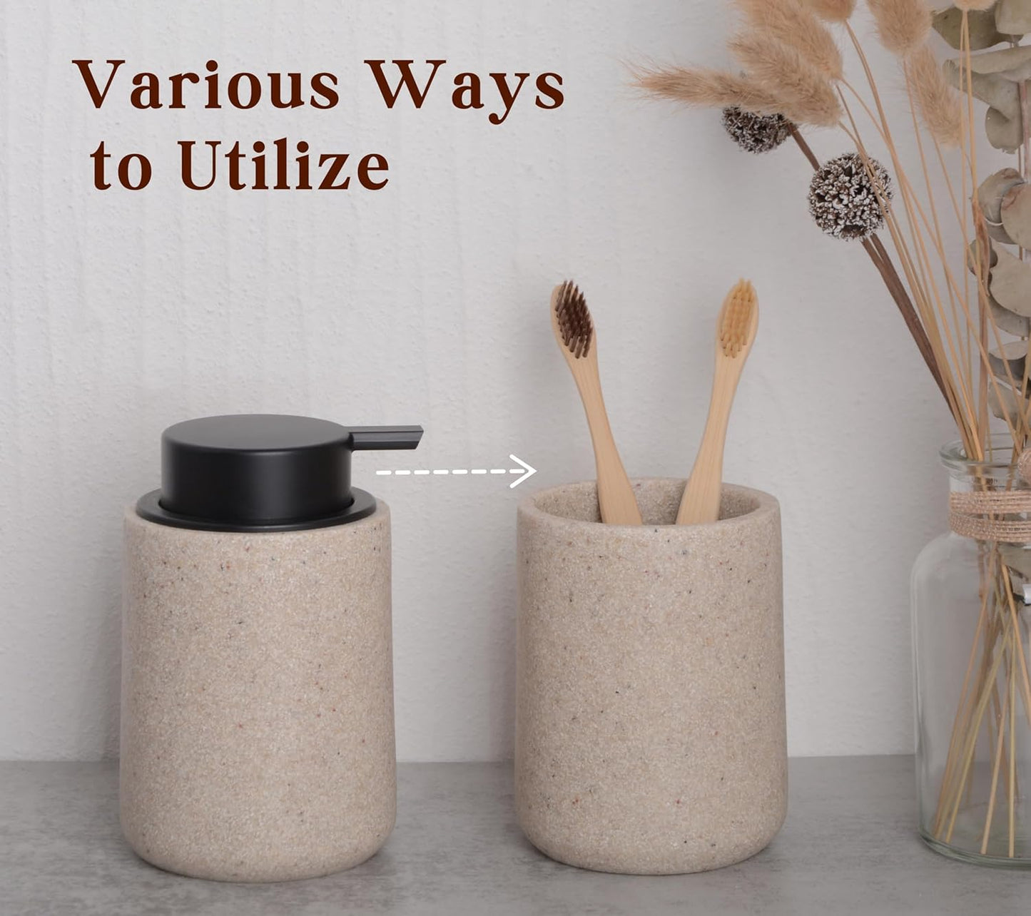 Resin Hand Soap Dispenser Easy-to-Press Liquid Pump, Refillable Soap Dispenser with Sandstone Like Finish, Waterproof Bottle Labels for Bathroom Kitchen Dish Lotion (Beige,10 oz)