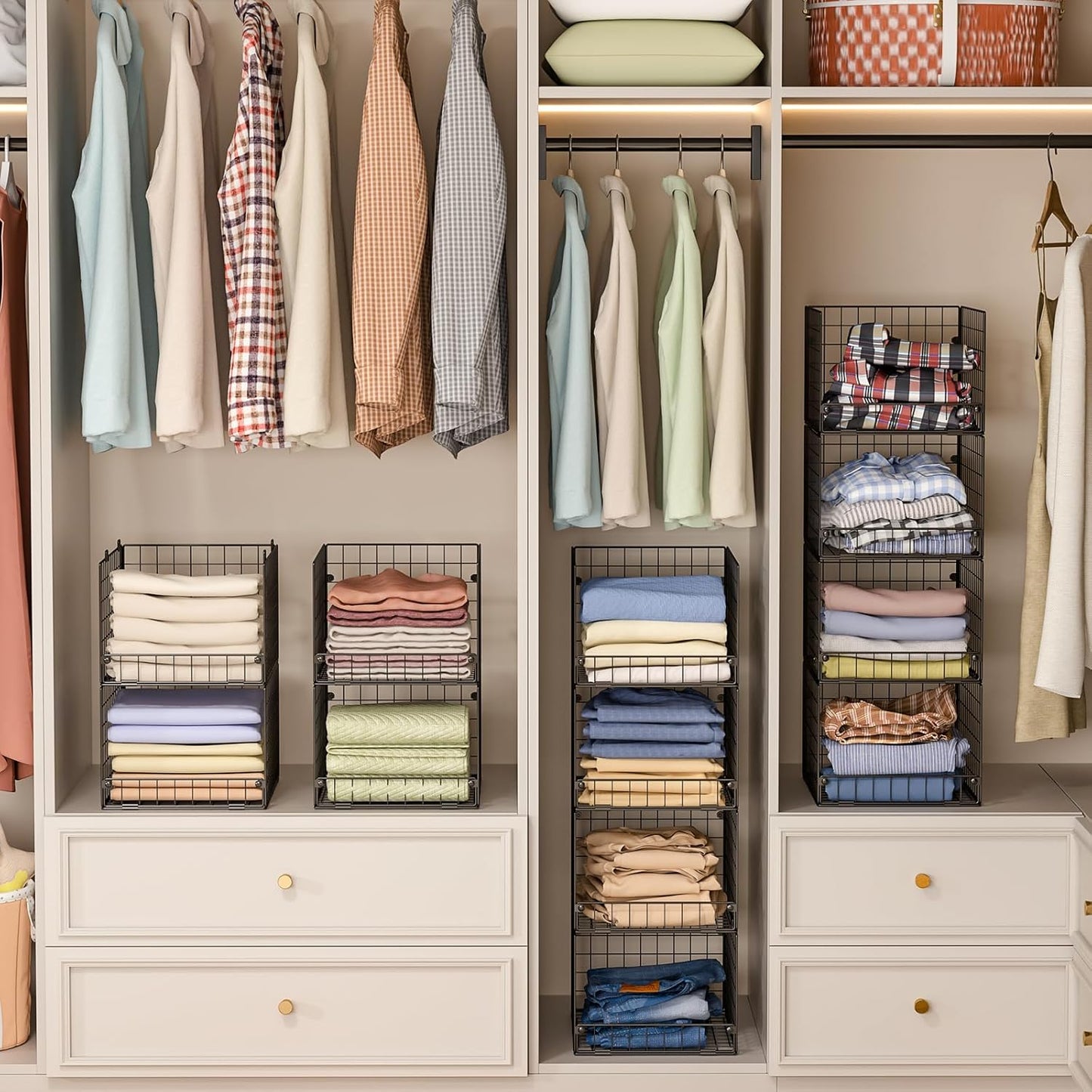 4-Tier Stackable Closet Organizers and Storage Shelves, Foldable Closet Shelf Organizer System, Stackable Storage Bins Drawers for Closet Organizer System, Black(Patent Pending, 15.7"x11.8"x34.64")