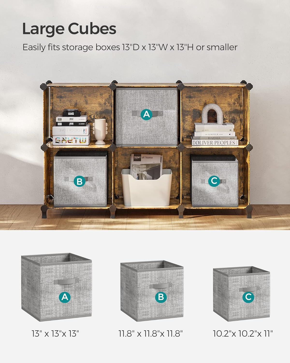 SONGMICS 6 Cube Storage Organizer, Modular Bookshelf, DIY Closet Organizers and Storage, Plastic Stackable Shelves, 14.6 x 13 x 13 Inch Cubes, with Feet and Rubber Mallet, Rustic Brown ULPC206A01