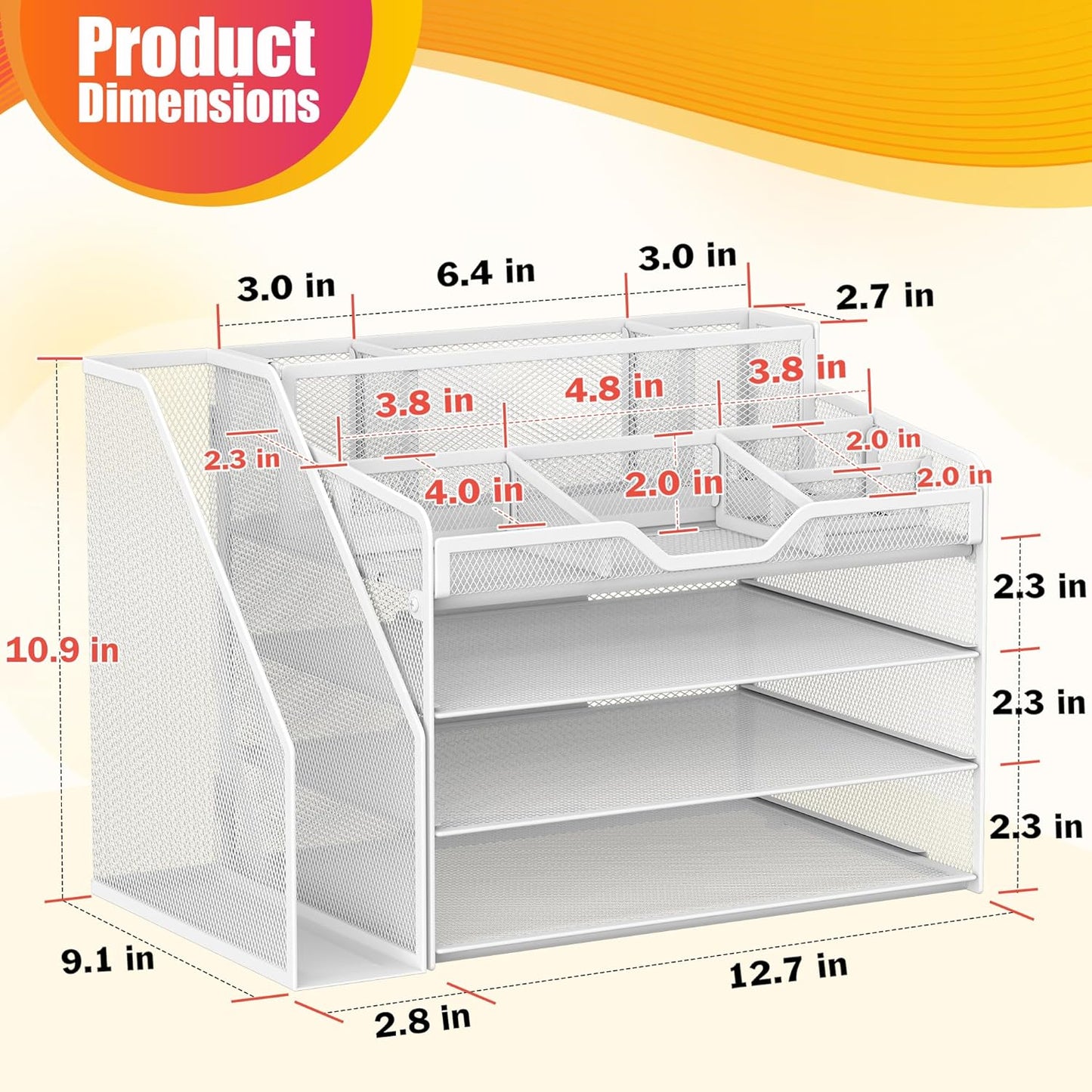 Docnest 4 Tier Mesh Desk Organizer with File Holder – Multi-Functional Paper Letter Tray with 5 Adjustable Compartments, 3 Pen Holders, Desktop Storage for Files, Mail, Stationery – White