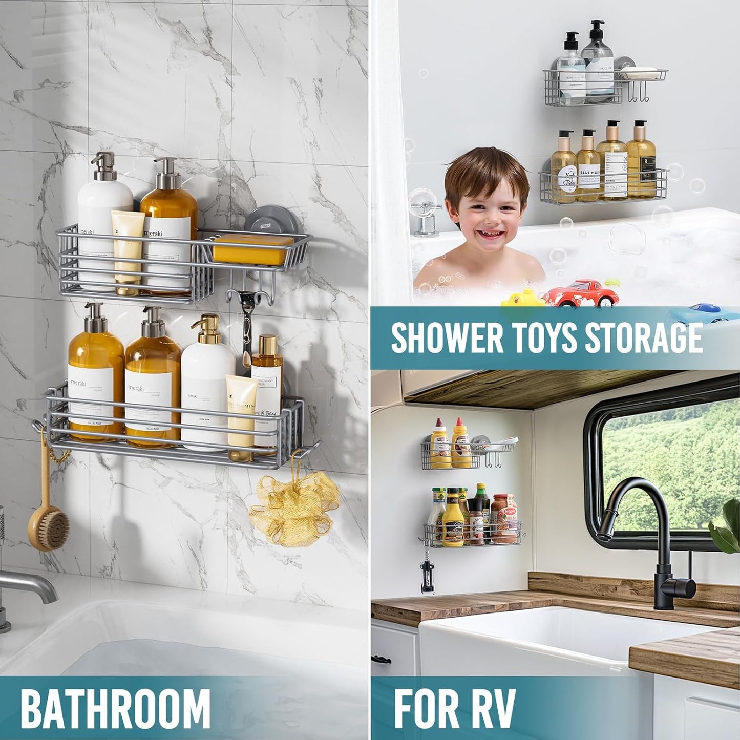 TAILI Shower Caddy Suction Cup 2 Pack with Hooks & Soap holder, Heavy Duty Shower Organizer for Bathroom, No Drilling Bathroom Organizer with Large Capacity, Metal Storage Basket-Grey