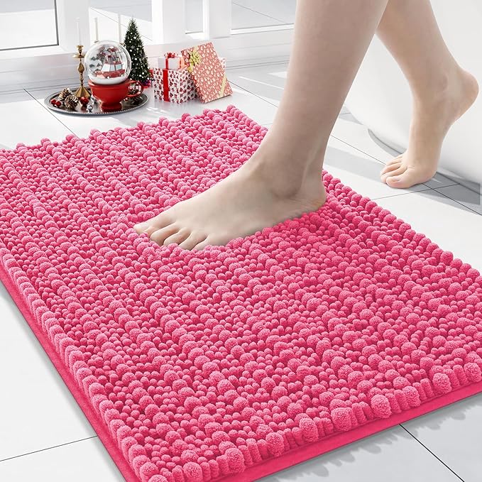 Arotive Luxury Chenille Bathroom Rug Mat, Extra Soft Thick Absorbent Shaggy Bath Rugs, Non-Slip Machine Wash Dry, Plush Bath Mats for Bathroom, Shower and Tub, 30x17, Deep Pink