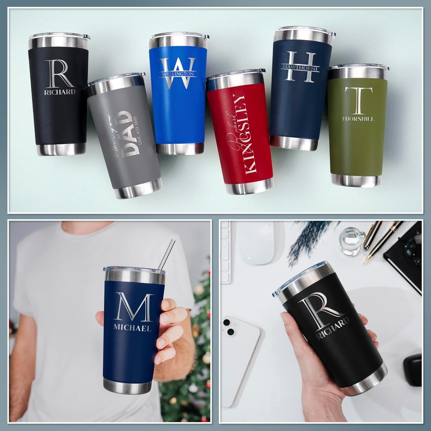 Be Burgundy Personalized Tumbler with Engraved Name - 12 Designs, 30 Oz Coffee Tumbler with Slider Lid, Army Green, Double Wall Insulated - Gift for Men, Husband, Personalized Gift for Him