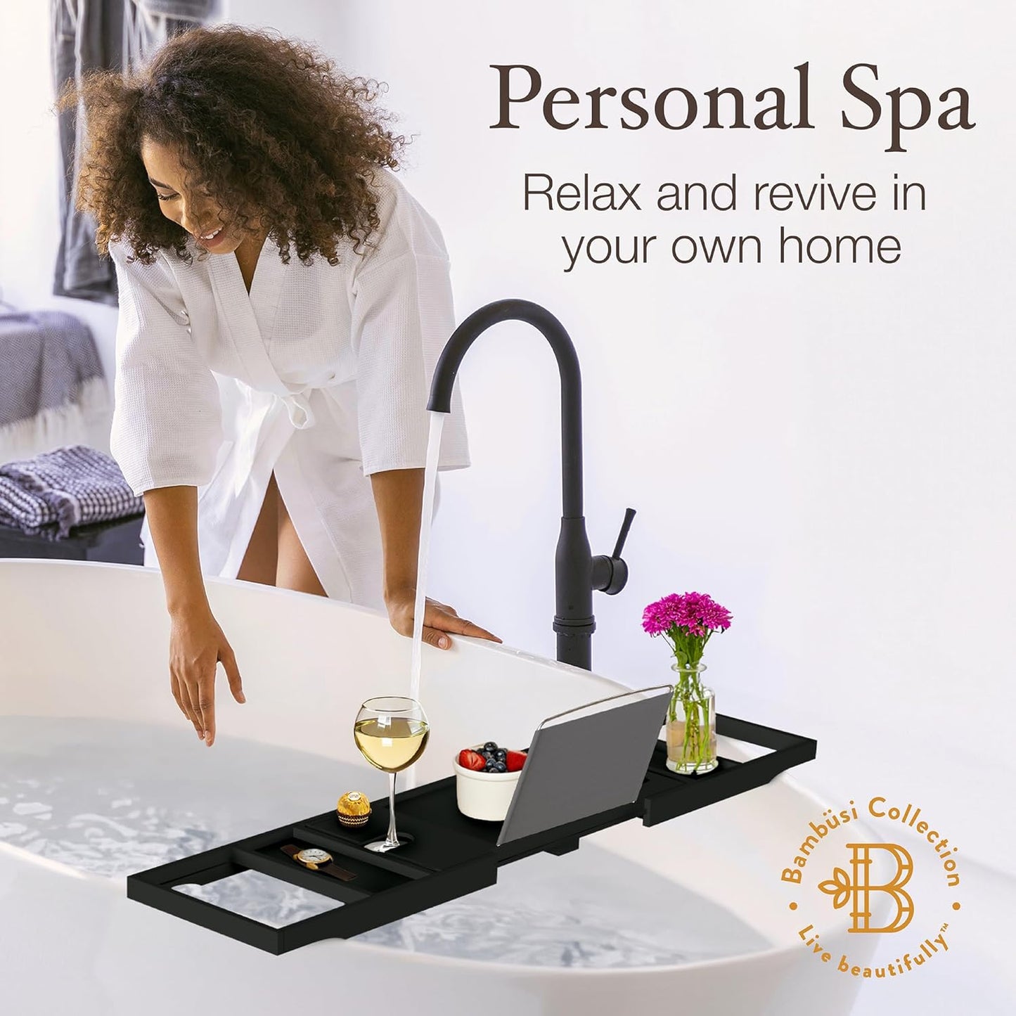 Bathtub Tray - Expandable Black Bamboo Bath Tray for Tub with Wine Glass Holder, Book & Tablet Stand - Wooden Bathtub Caddy Tray for Bathroom Accessories, Spa Relaxation, Housewarming & Wedding Gift