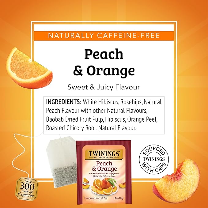Twinings Peach & Orange Herbal Tea Individually Wrapped Bags, 20 Count (Pack of 2), Juicy & Fruity, Naturally Caffeine-Free, Enjoy Hot or Iced, 20 Teabags