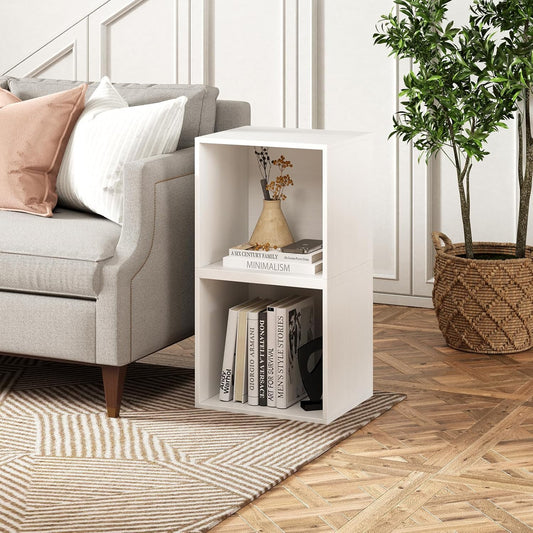 Stackable Cube Bookshelf, Modular Cubby Storage Organizer, Small Bookcase for Small Spaces, Combination Cubical Shelf, Wooden Display Shelving Unit (White, 2-Cube)