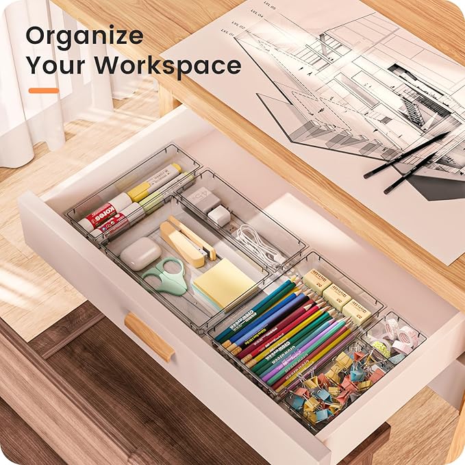 A-LuGei Drawer Organizer, Bathroom Organizers and Storage, Makeup organizer, Desk drawer organizer, Storage Bins for Kitchen Office Bedroom Vanity Jewelry Pantry Garage, 4Size, Clear