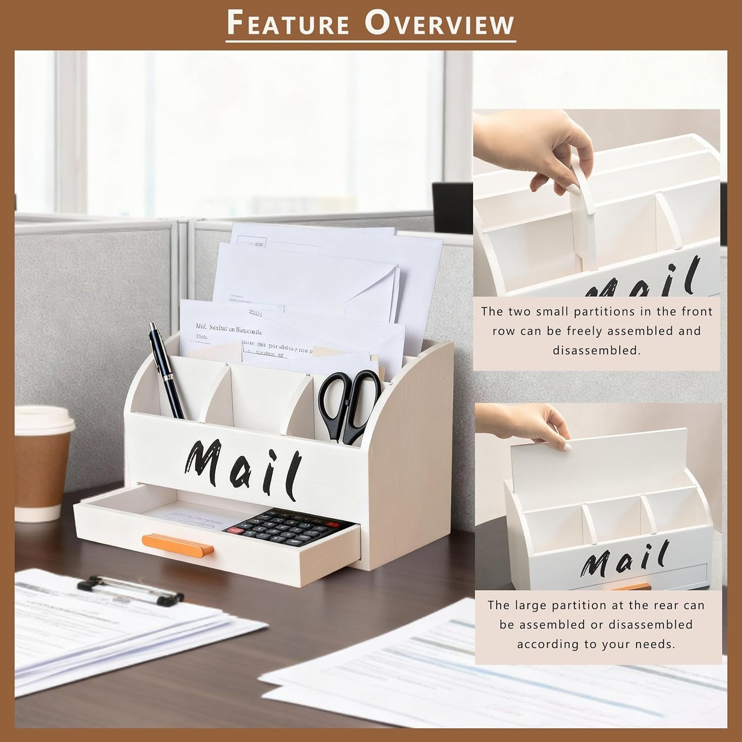 goprety Mail Organizer for Desk - Countertop Bill Holder with File Storage, Wooden Desktop with Drawers - Home & Office Mail Management System