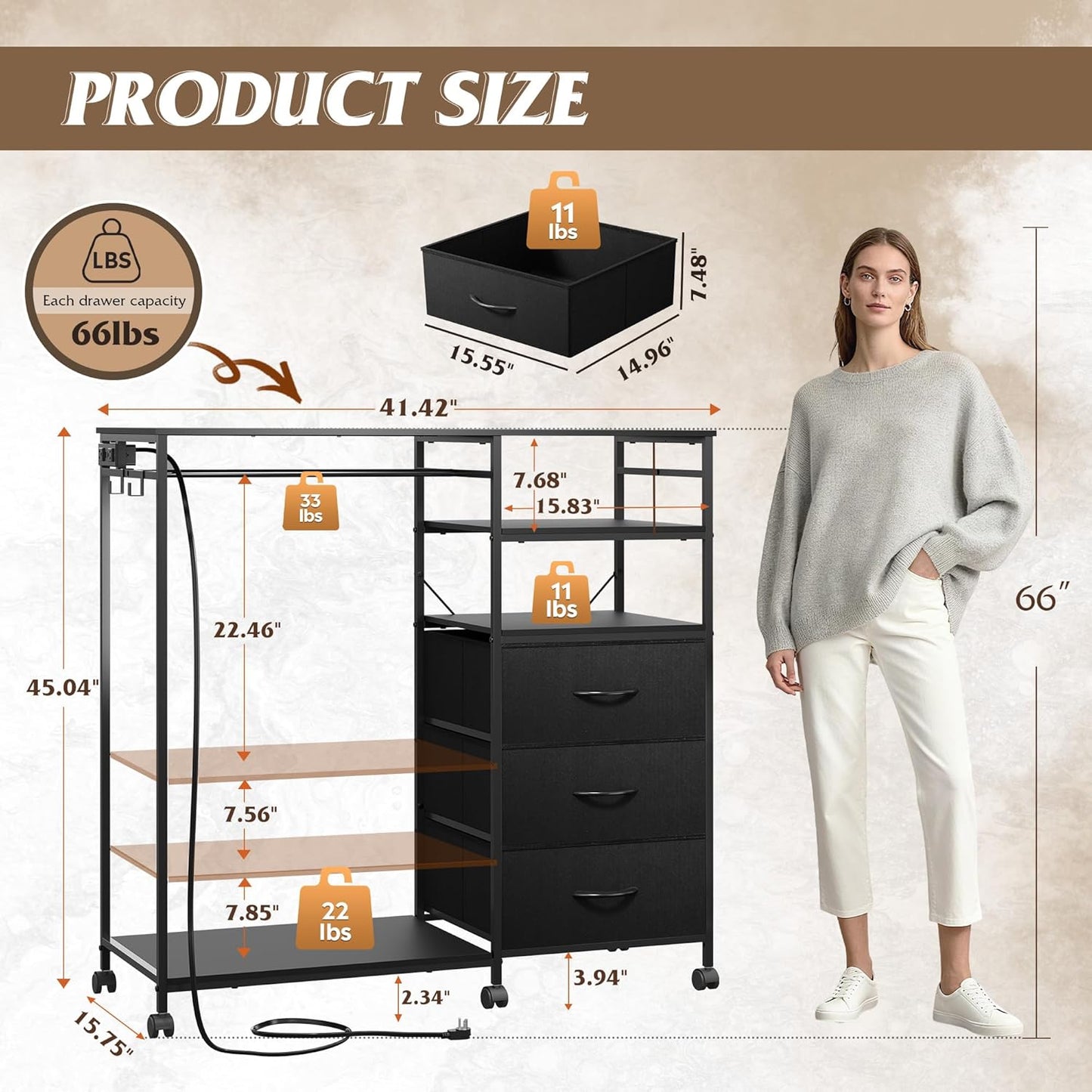 WLIVE 42''W Black Dresser for Bedroom with Hanging Rack, 3 Drawer Dresser with LED Lights & Charging Station, Fabric Dressers & Chest of Drawers, Storage Organizer with Open Shelves for Living Room