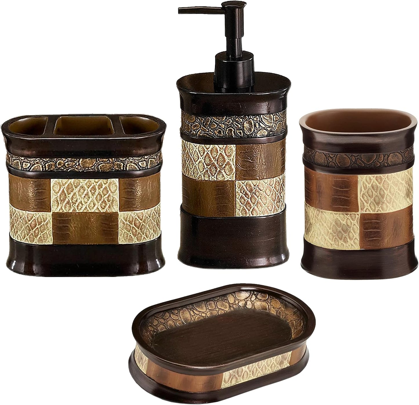 Zahari Home 4pc Zambia Stylish Bathroom Accessories Set Soap Pump, Tumbler, Tooth Brush Holder and Soap Dish Modern Classic Luxury Contemporary Decor Unique Design Animal Western Bath Set
