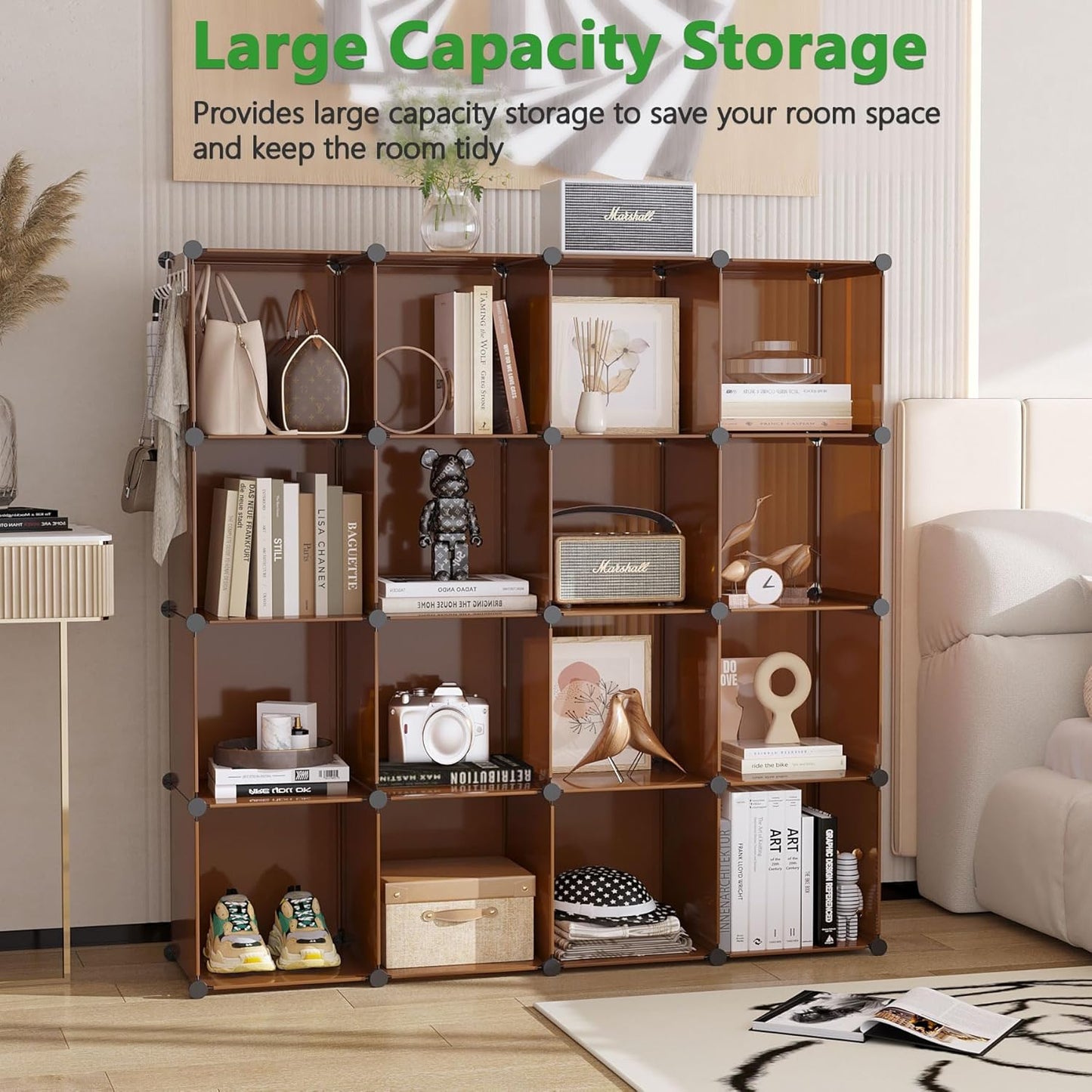 C&AHOME 16-Cube Storage Organizer, Plastic Shelves Units, DIY Closet Organizer, Modular Shelves Ideal for Home, Bedroom, 48.4" L 12.4" W 48.4" H Brown UPCS16C