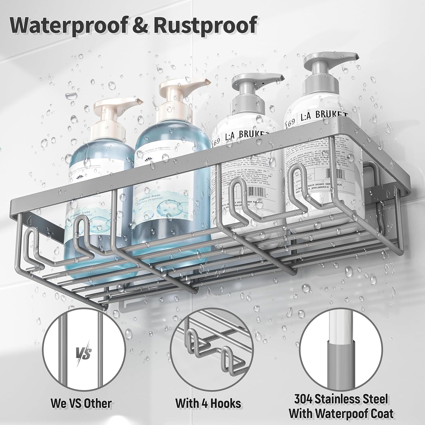 10 Pack Shower Caddy Organizer Rack Shelf for Inside Shower, Self Adhesive Wall Storage Basket Rustproof Stainless Steel Shampoo Holder Bathroom Accessory Decor Set, Grey