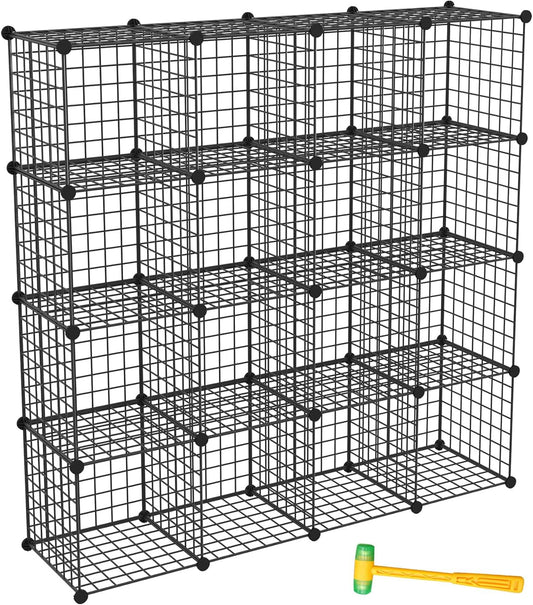 TUMUCUTE Wire Storage Cubes, Metal Storage Shelves Bookshelf, Stackable Modular Closet Organizer for Bedroom Living Room, Office, Black (16 Cubes, Iron)