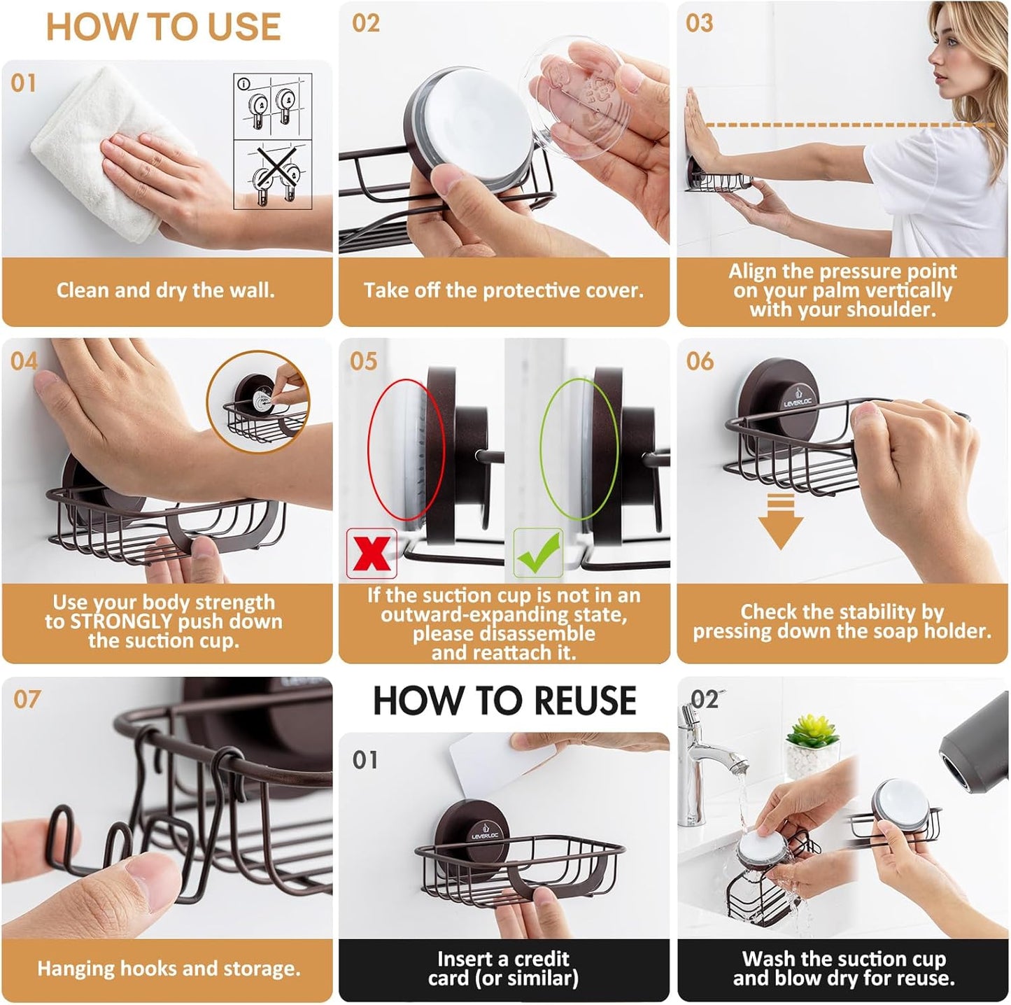 LEVERLOC Soap Holder Dish with Hooks for Shower, Bar Suction Cup Soap Tray Wall Mounted, Rustproof Stainless Steel Sponge Holder Caddy for Bathroom Bathtub Kitchen Sink, Brown