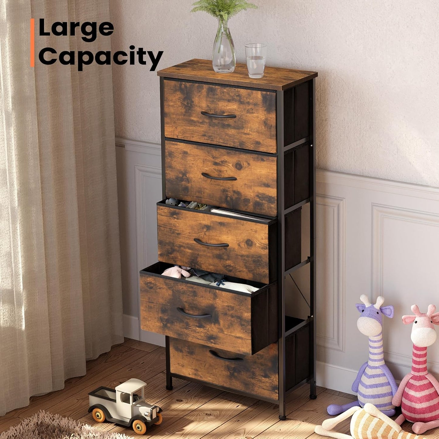 Crestlive Products Vertical Dresser Storage Tower - Sturdy Steel Frame, Wood Top, Easy Pull Fabric Bins - Organizer Unit for Bedroom, Hallway, Entryway, Closets - 5 Drawers(Rustic Brown)