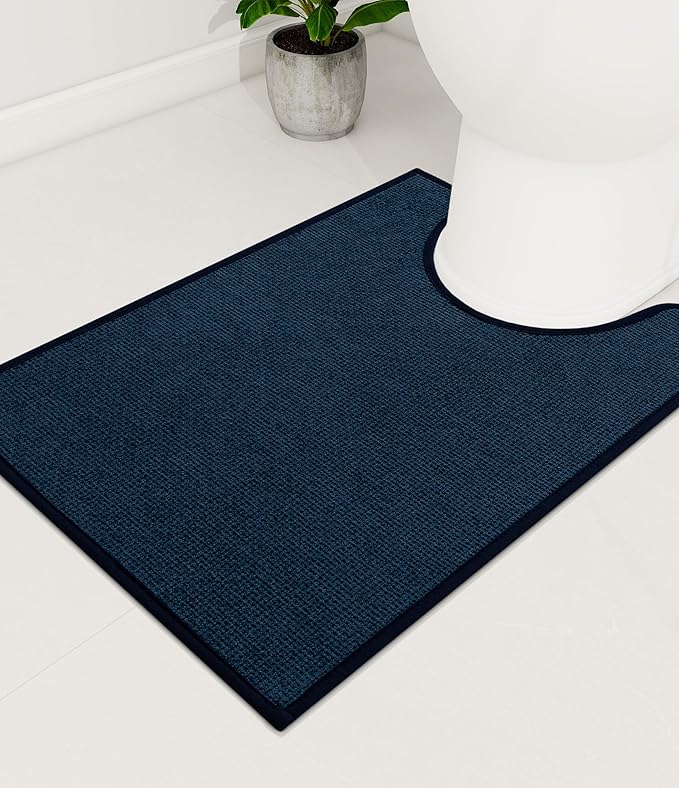 YIHOUSE Bathroom Rugs Mat Contour 16x24, Non Slip Quick Dry Bath Mats for Bathroom Absorbent Ultra Thin Bath Rugs Machine Washable Fit Under Door for Sink, Cabinet, Laundry (Dark Blue, 16"x24"-U)
