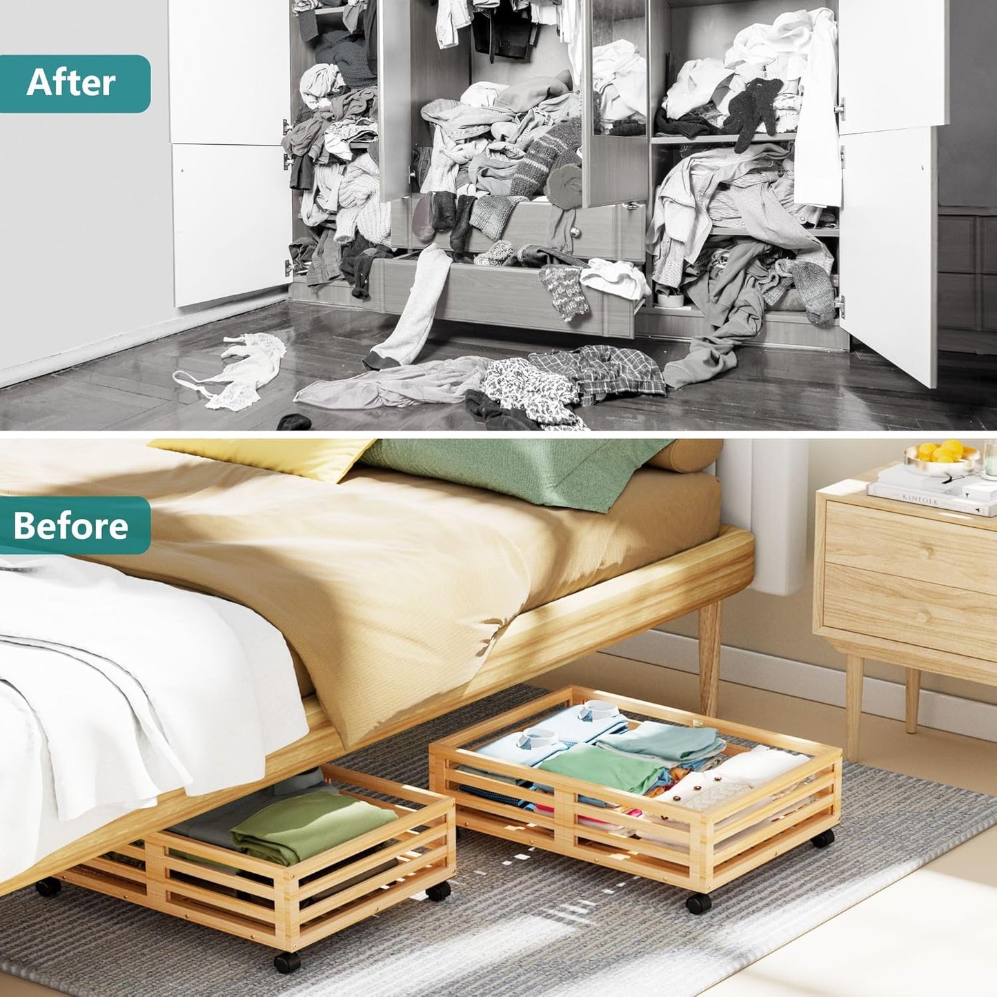 Bamboo Under Bed Storage Containers- Underbed Organizer with Wheels with Large Capacity Dust Bag,Sturdy Wood Rolling Under Bed Shoe Storage Organizer 2 Packs (Nature, 2 Packs (23.62"×16.54"))