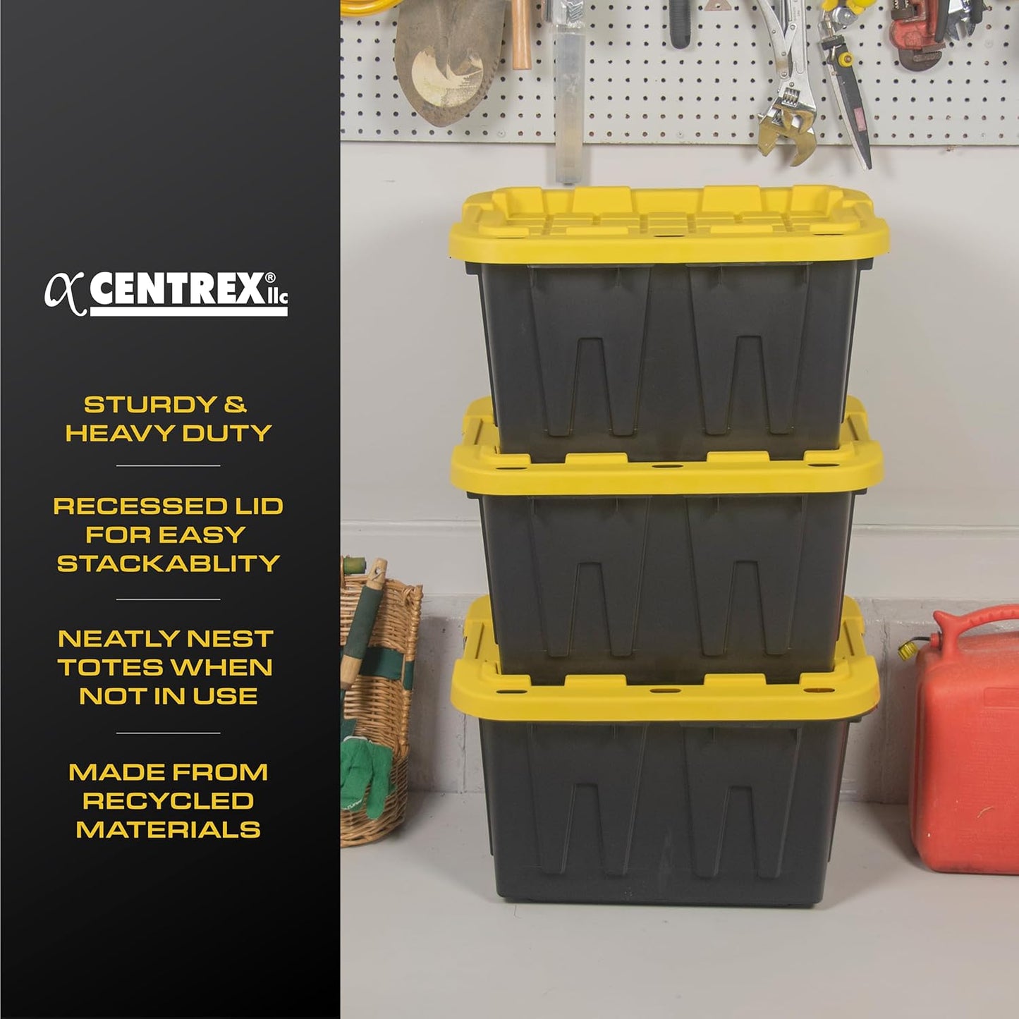 CX BLACK & YELLOW, 12-Gallon Heavy Duty Tough Storage Container & Snap-Tight Lid, (12.51"H x 16.3"W x 21.8"D), Weather-Resistant Design and Stackable Organization Tote [6 Pack]