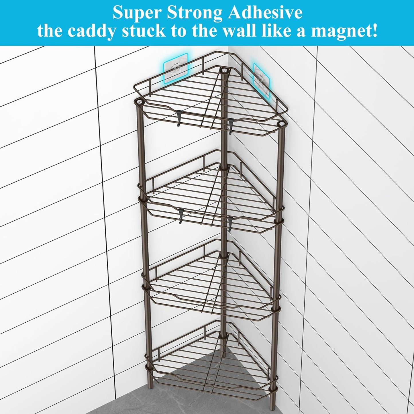 4 Tier Floor Standing Corner Shower Caddy Organizer Shelf with Hooks, Bathroom Shelves Stand Rack, Bronze
