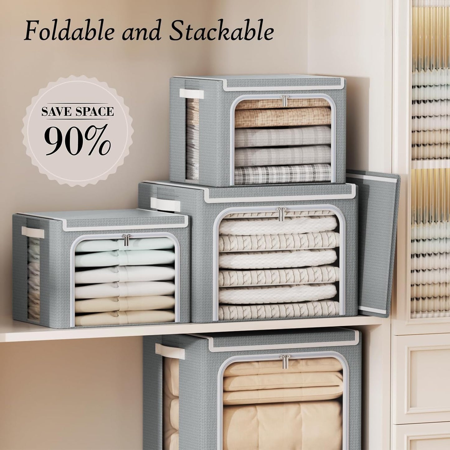 Yecaye Clothes Storage Bins with Metal Frame, 40L Foldable Clothing Storage Bins with Lid, Stackable Zippered Clothes Storage Bags, Oxford Fabric Organizer Box With Clear Window＆ PU Leather Handles