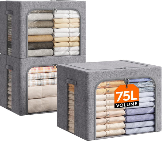Lifewit Clothes Storage Bins with Metal Frame, Stackable Storage Box, Foldable Clothing Storage Bins with Lids, 75L Storage Bags Fabric Box Organizer with Clear Window＆ Zippers＆ Sturdy Handles 3 Pack