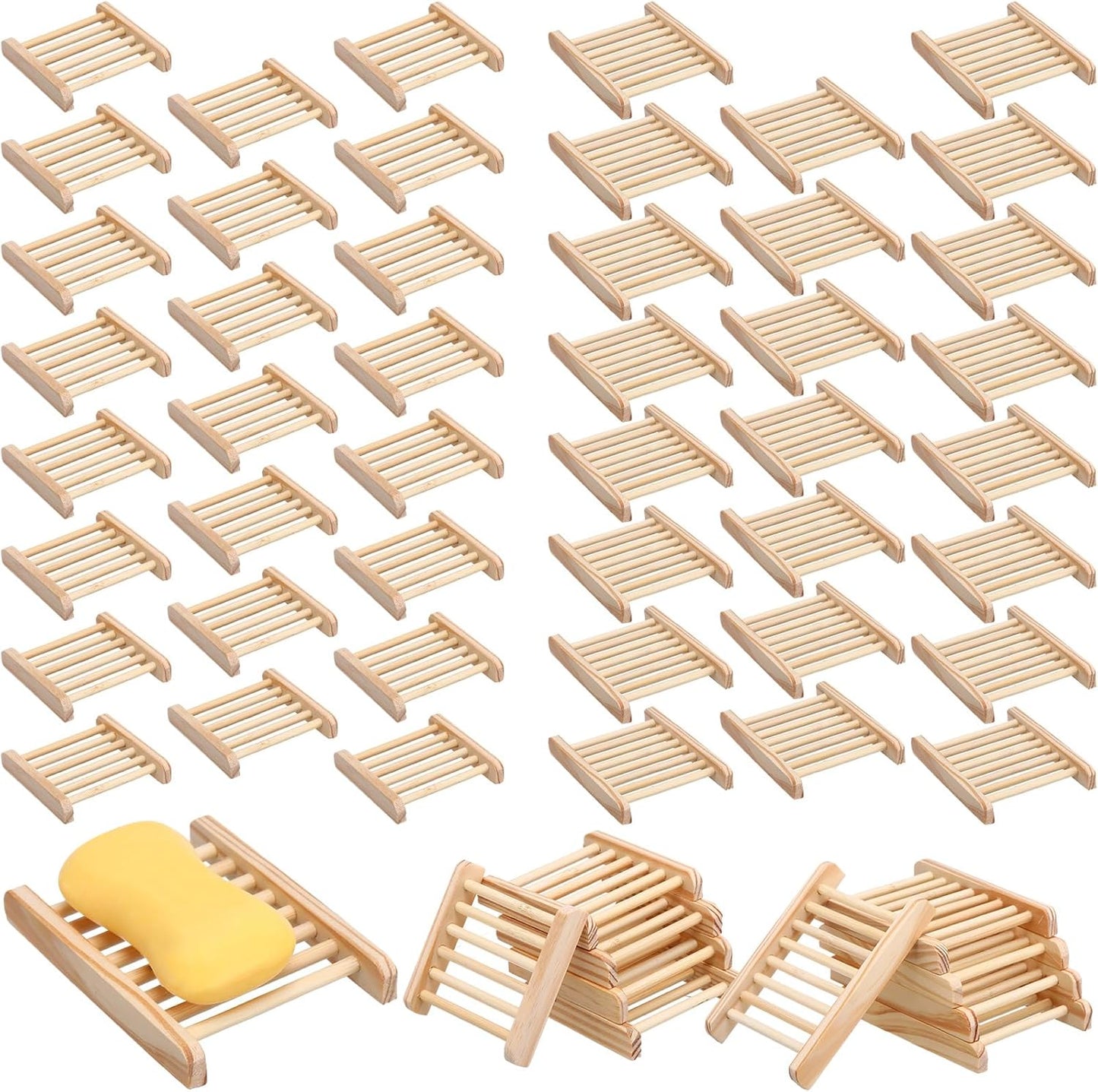 Sawysine 50 Pcs Bamboo Soap Holder Bulk Wood Soap Dish Bathroom Wooden Tray Saver Hand Craft Bathtub Self Draining Dish for Bar Kitchen, Gifts for Christmas, 2 Sizes(Wood Color)