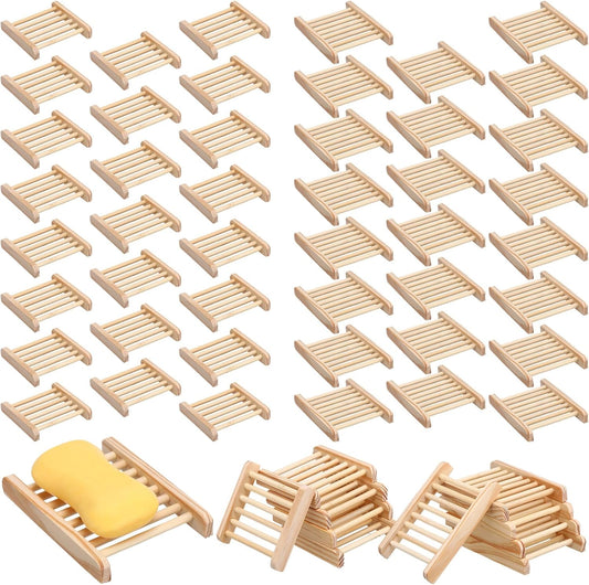 Sawysine 50 Pcs Bamboo Soap Holder Bulk Wood Soap Dish Bathroom Wooden Tray Saver Hand Craft Bathtub Self Draining Dish for Bar Kitchen, Gifts for Christmas, 2 Sizes(Wood Color)
