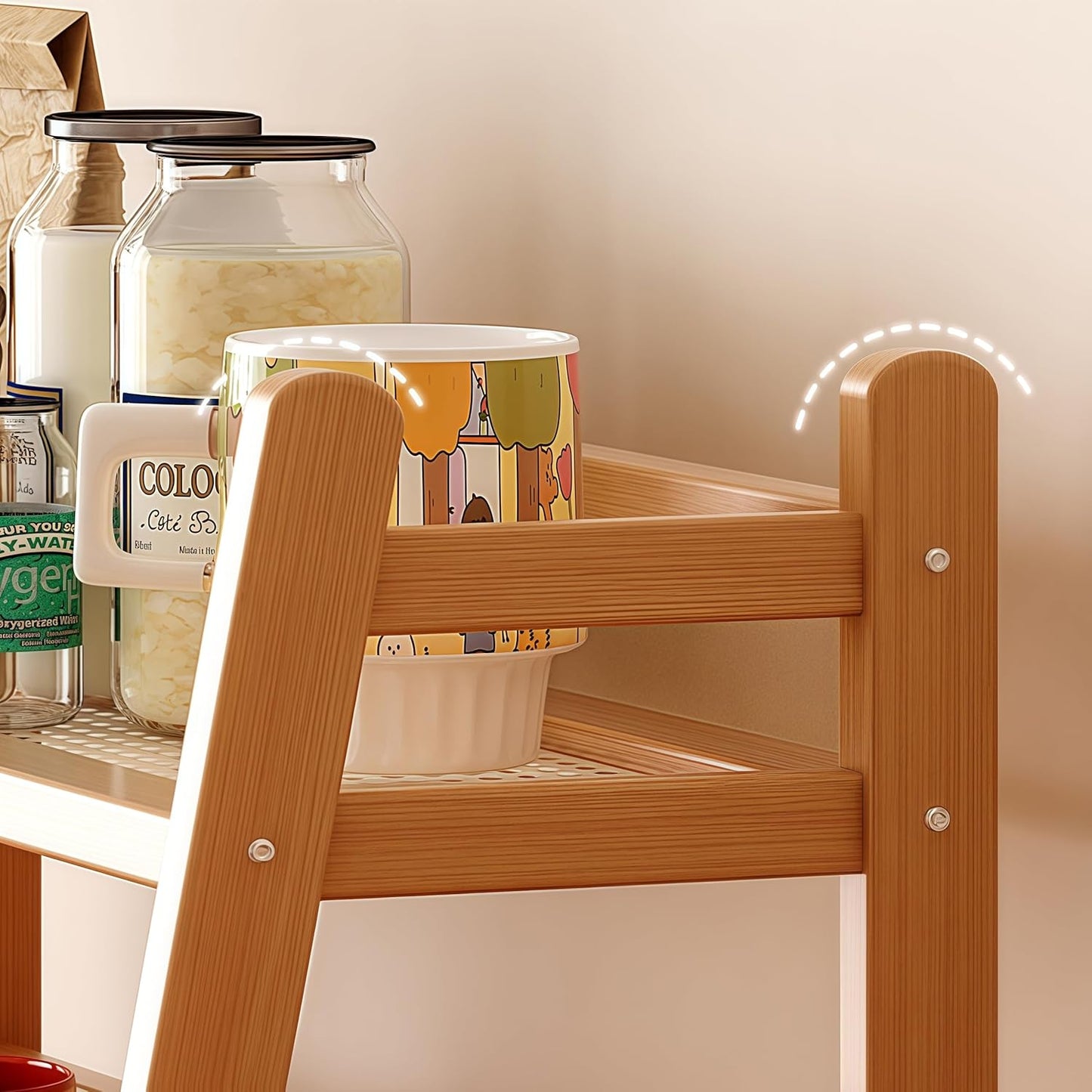 Wicker-Look Tea and Coffee Bar Station Organizer, Bamboo Mug Holder Countertop, Matcha Stand, Cup Display Shelf, Condiment Storage Rack for Kitchen Counter, 2 Tier