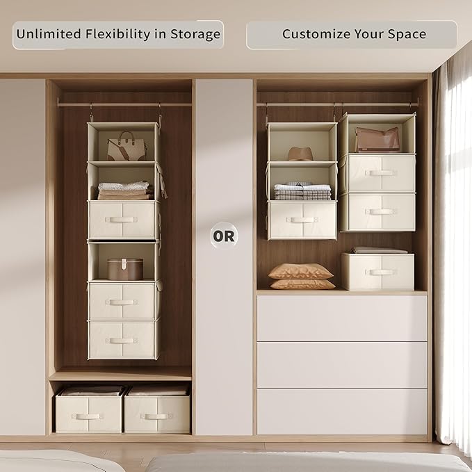 Vailando 6-Shelf Hanging Closet Organizer, 2 Separable 3-Shelf Hanging Shelves with 3 Drawers for Wardrobe, Nursery, Baby Clothes Organization and Storage, Beige