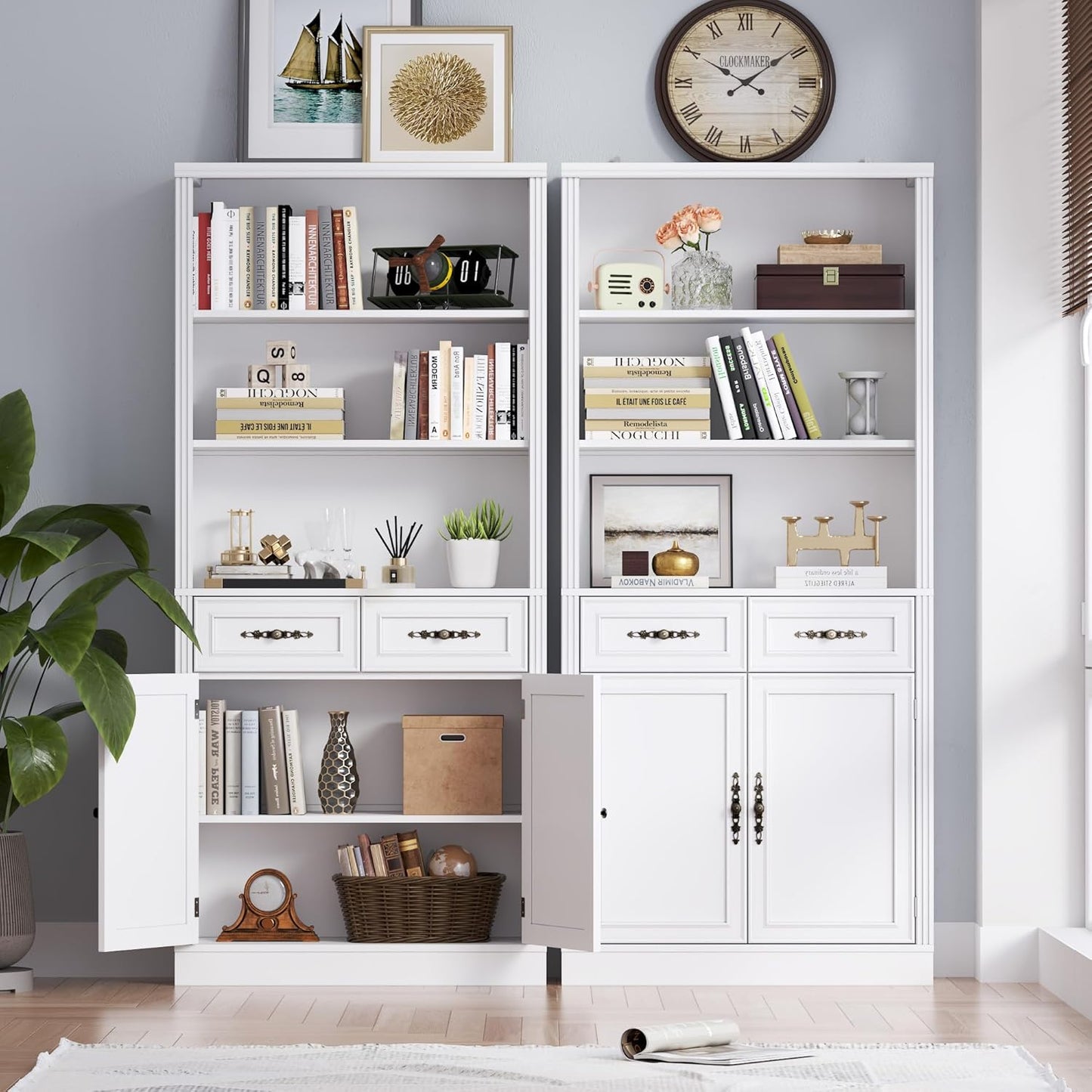 71.4" Tall Bookshelf with Drawers & Cabinet, 5-Tier Floor Standing Bookcase with Storage Doors, Adjustable Shelves & Metal Handles, 31.5" Wide Organizer for Home Office, Living Room