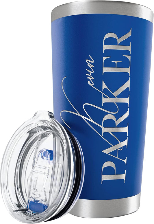 Personalized Tumbler with Engraved Name - 12 Designs, 20 Oz Coffee Tumbler with Slider Lid, Royal Blue, Double Wall Insulated - Custom Gift for Men, Women