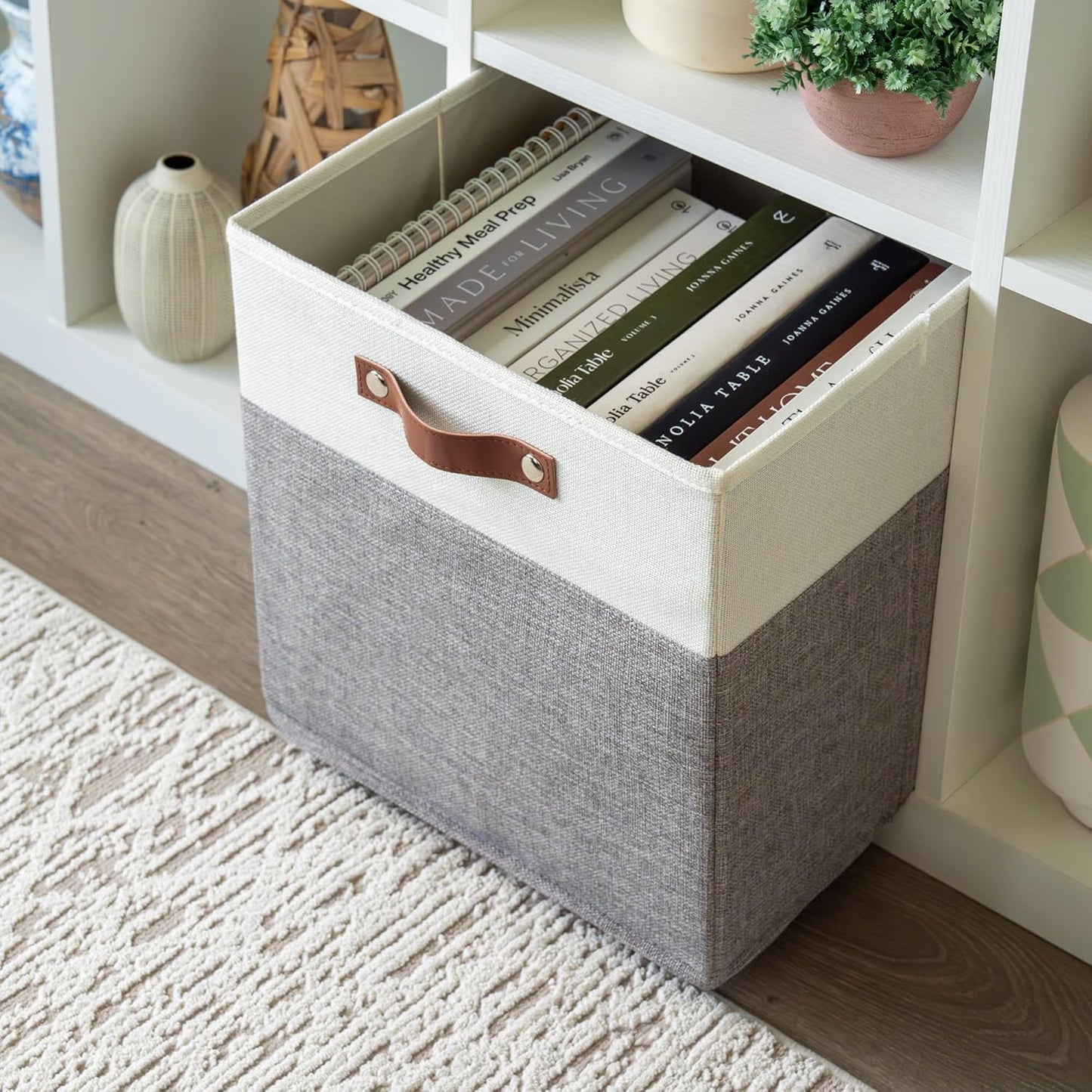 OrganiHaus 13" x 13" x 13" Cube Fabric Storage Bins Set of 4, Fabric Storage Cubes w/ Vegan Handles, 13 inch Collapsible Bins for Clothes & Toys Organizer, 13x13 Basket for Decor - Grey/White