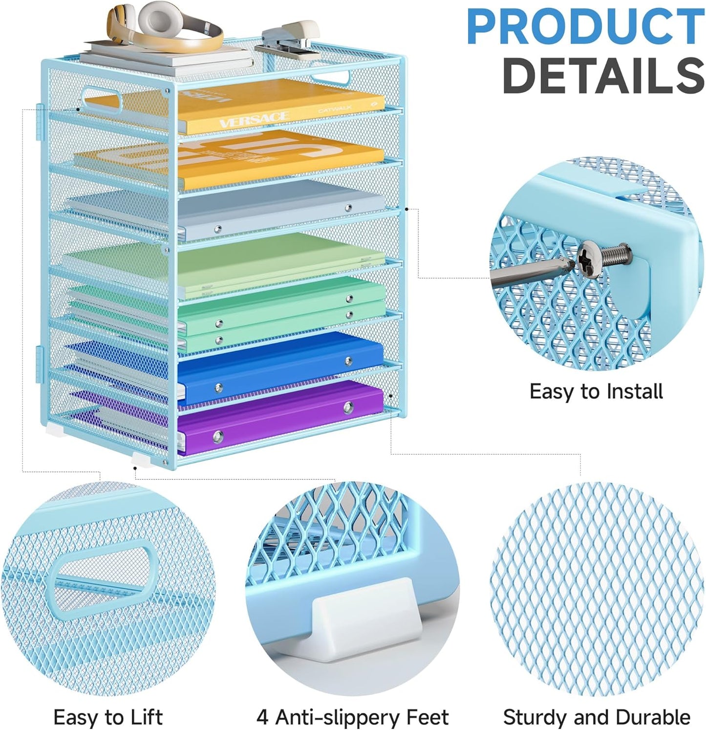 2 Pack 8 Tier Paper Organizer with Handle, Metal Mesh Desk File Organizer, Large Capacity Desk Organizers Paper Letter Tray Desktop Document Sorter for Office, Home or School - Blue