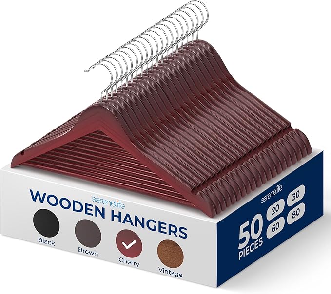 SereneLife 50 Pack Wooden Hangers Cherry Finish Heavy Duty Suit and Coat Hanger Set with 10 lb Capacity 360° Swivel Chrome Hook Non Slip Notches Pants Bar Space Saving Closet Clothes Organizer