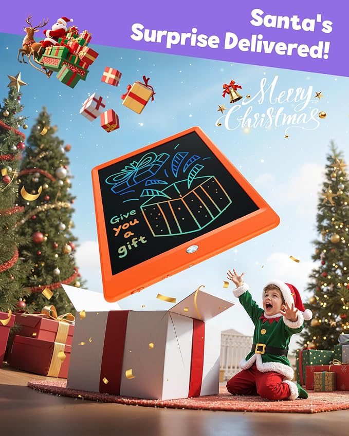TEKFUN Toys for Girls Boys 10IN LCD Writing Tablet, Magic Doodle Board with Anti-Lost Stylus, Mess Free Coloring for Toddlers Drawing Pad, Toddler Travel Car Plane Trip Toys Gifts (Orange)
