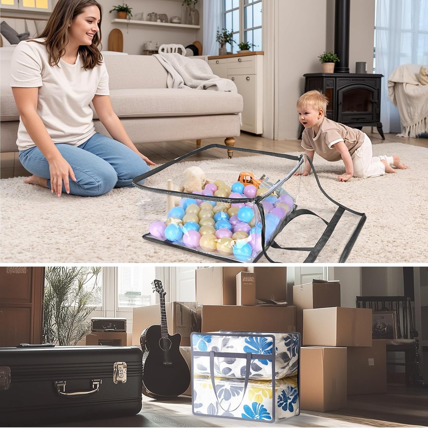 Budding Joy Clear Zippered Storage Bags for Clothes,40L Closet Organizers and Storage Containers Vinyl Moving Bag for Bedding, Linen, Blankets, Comforters, Clothing & Toys, Grey, 4 Pack